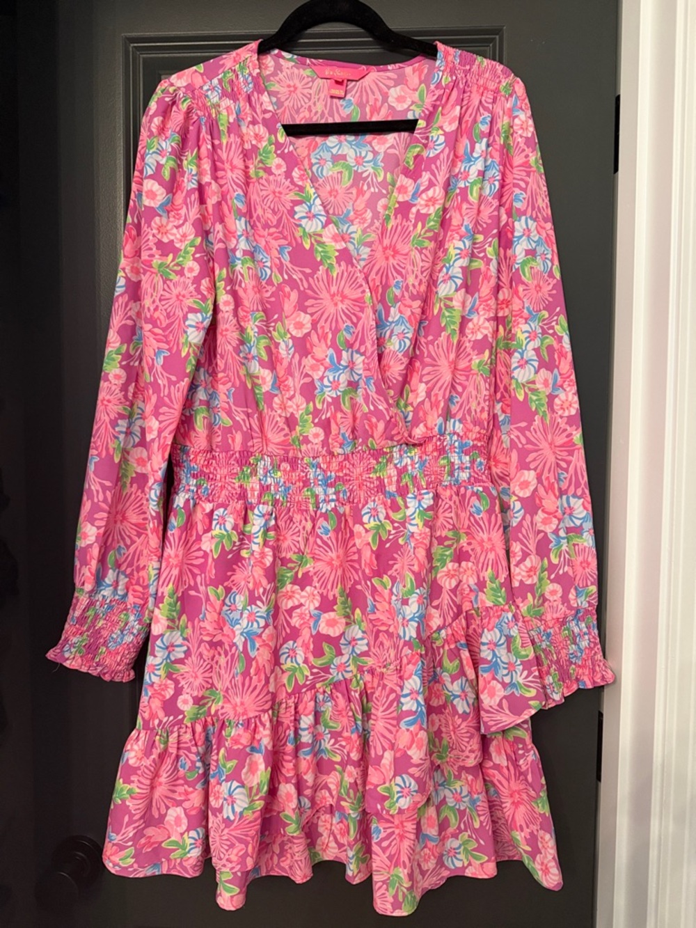 Lilly Pulitzer Pink Floral V-Neck Smocked Waist Dress